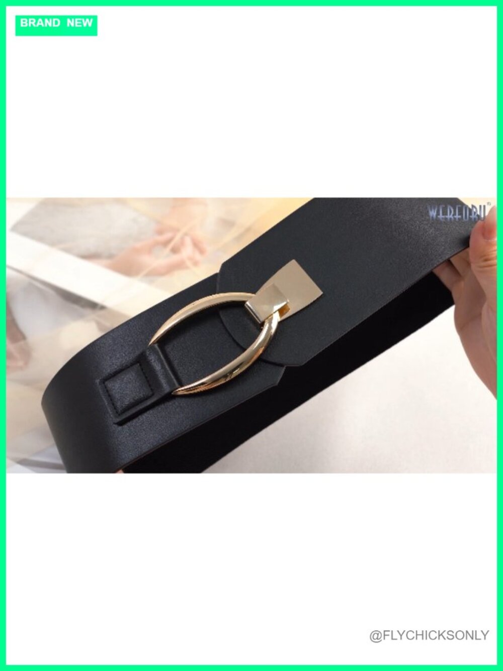 Women's Wide Elastic Belt with Gold Buckle Faux Leather Thick Waistbelt - Picture 5 of 5